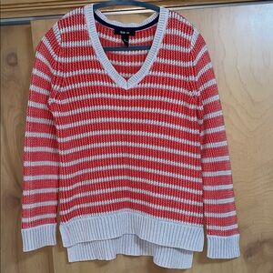Style & Co V-Neck Orange and Tan Striped Sweater Cable chunky knit medium